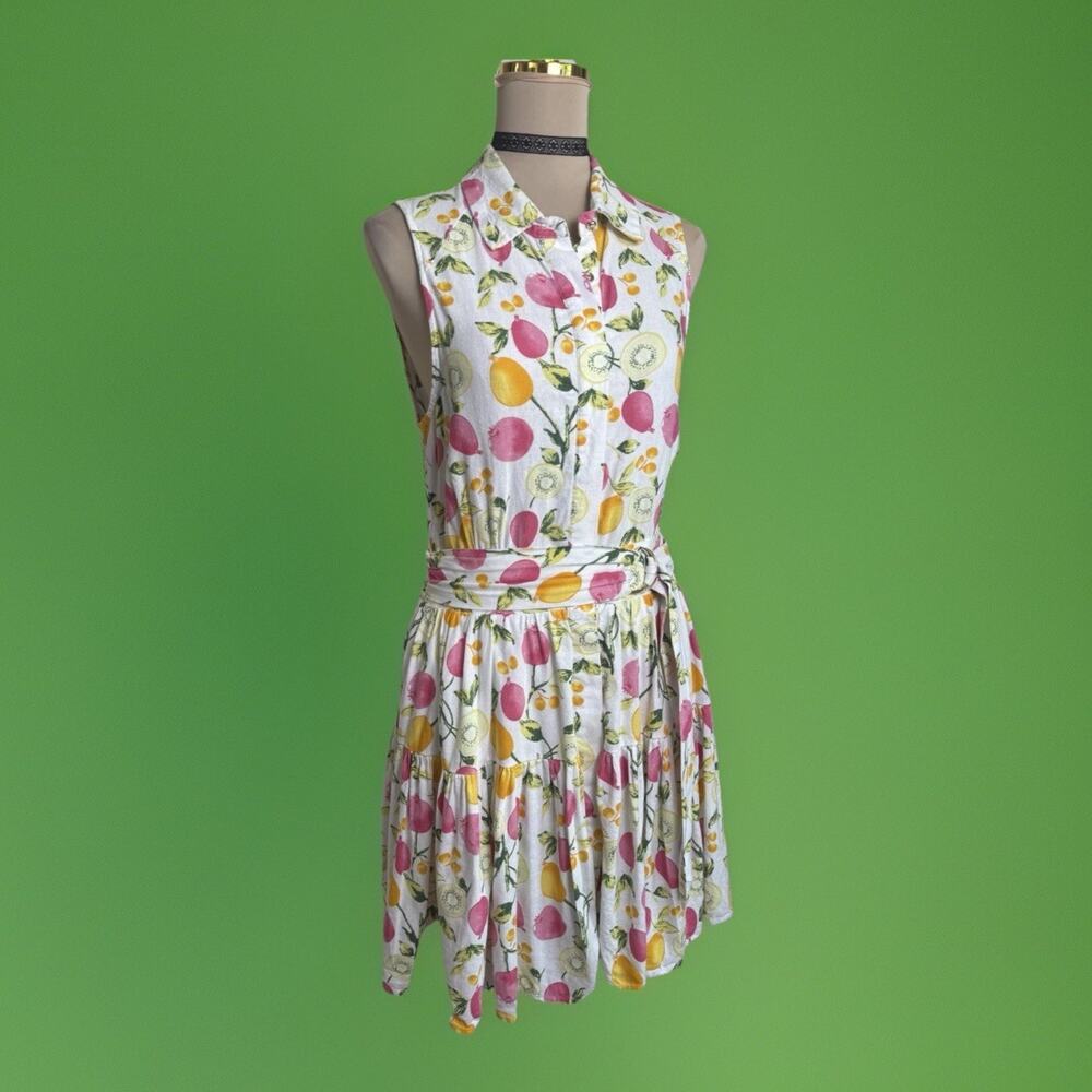 Cynthia Rowley Dress Womens 6 Multicolor Fruit Print Linen Blend Sundress Resort